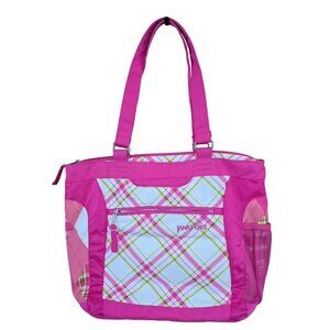 Jansport Pink Plaid Tote Bag With Top Zipper Closure & Multiple Pockets